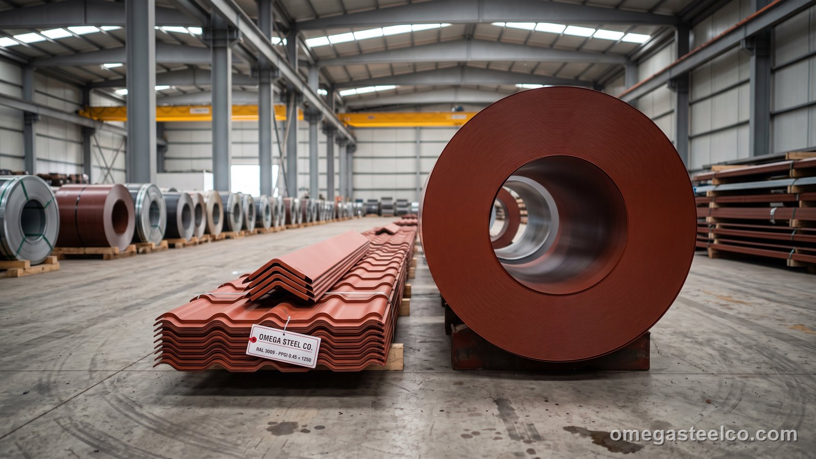 صاج PPGI بلون RAL 3009 — Omega Steel Co.، مصنع ديلوفاسي